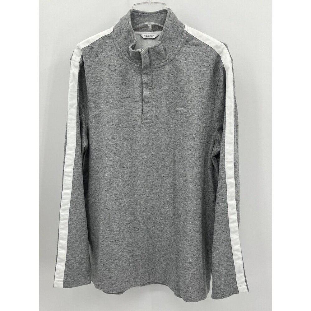 Calvin Klein Mens 1/4 Zip Pullover, Covered Zipper, Gray White Henley Long‎ XL